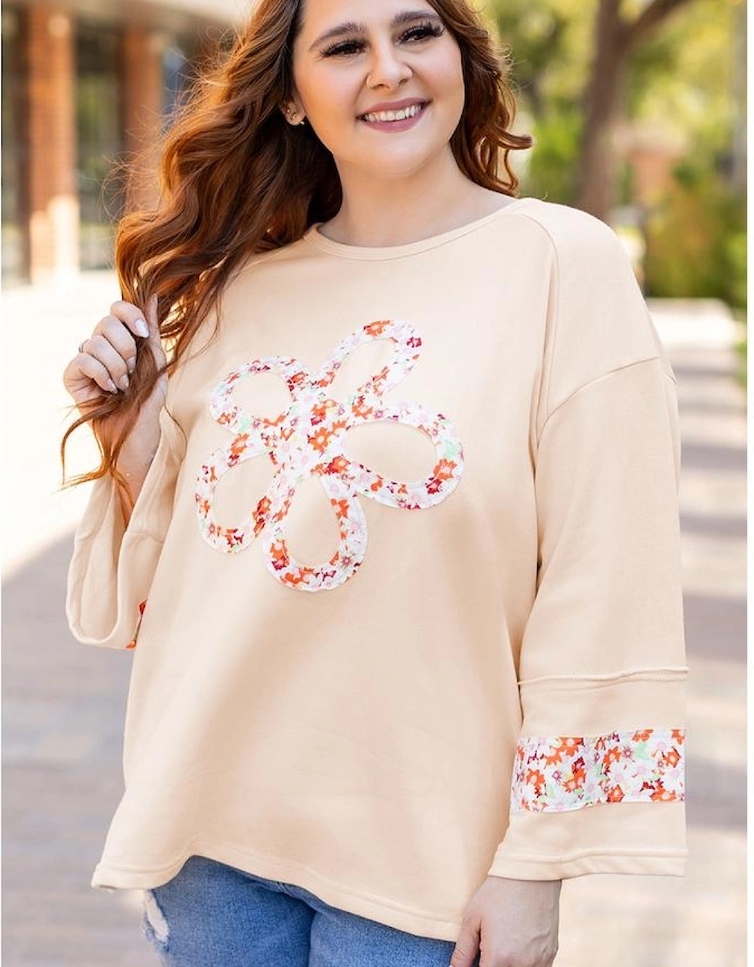 Beige Plus Size Flower Patched Side Slits Crewneck Top