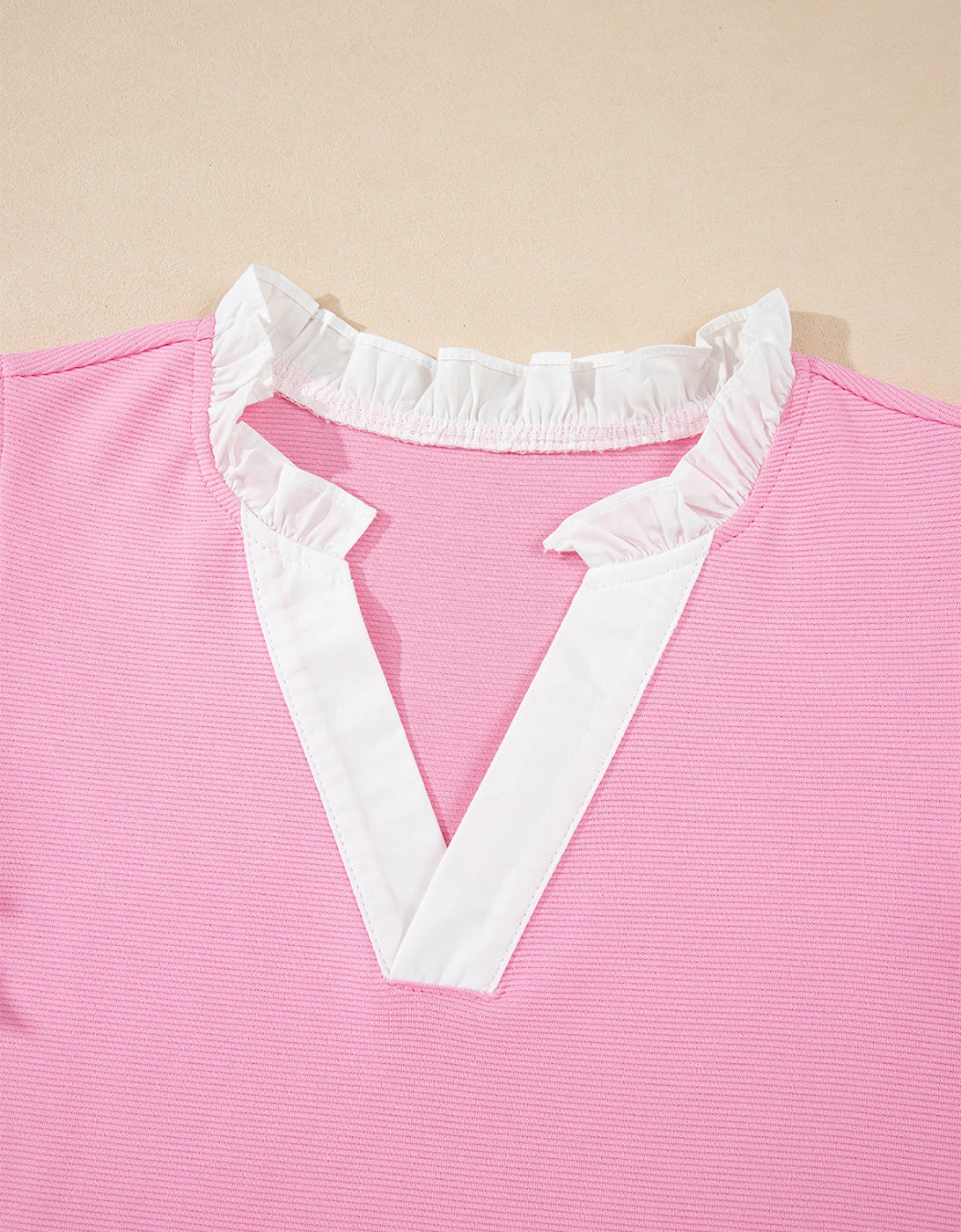 Pink Contrast V Neck Ruffled Textured Knit Top