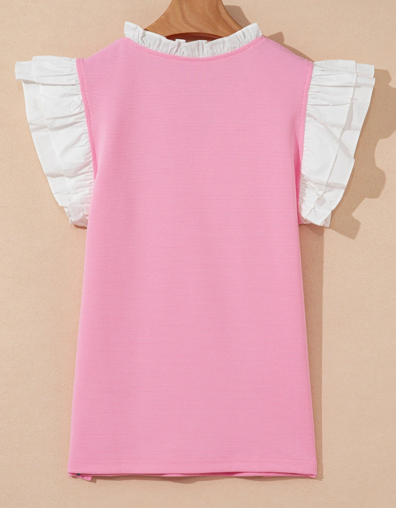 Pink Contrast V Neck Ruffled Textured Knit Top