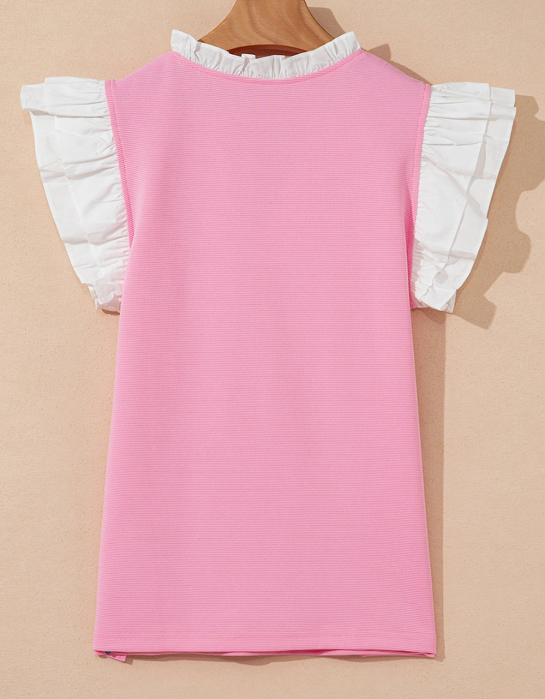 Pink Contrast V Neck Ruffled Textured Knit Top