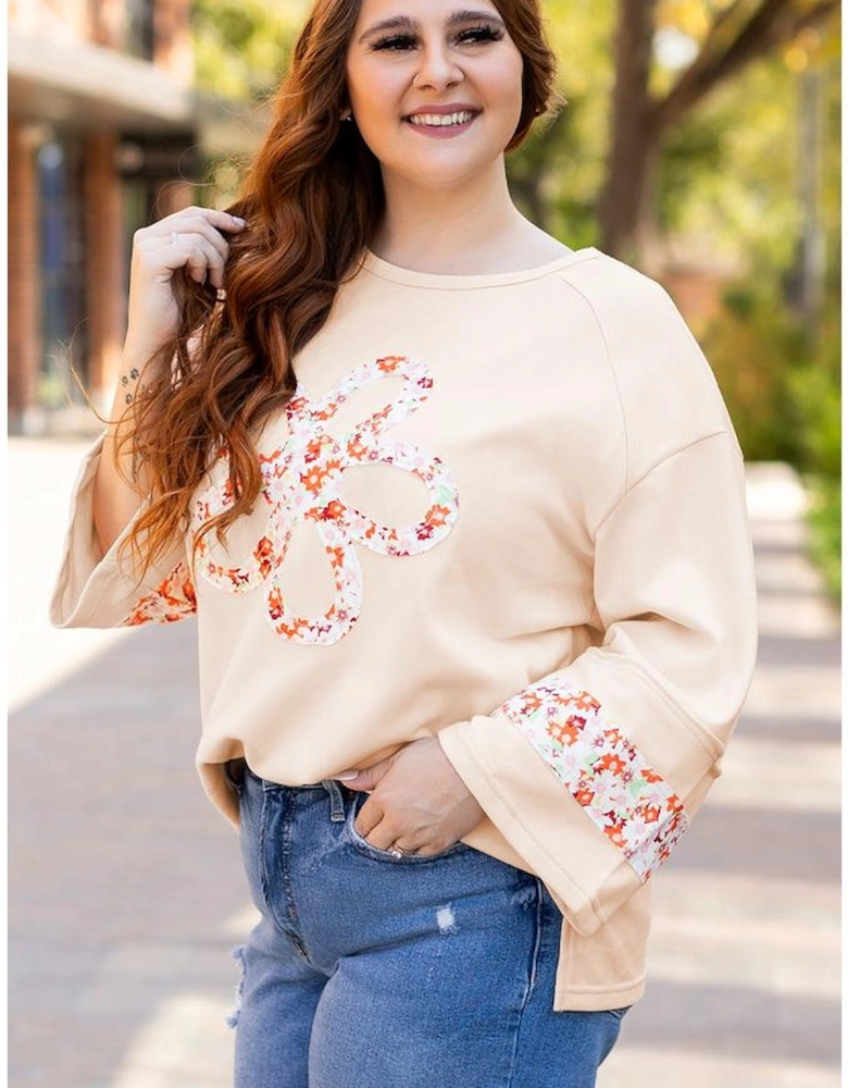 Beige Plus Size Flower Patched Side Slits Crewneck Top