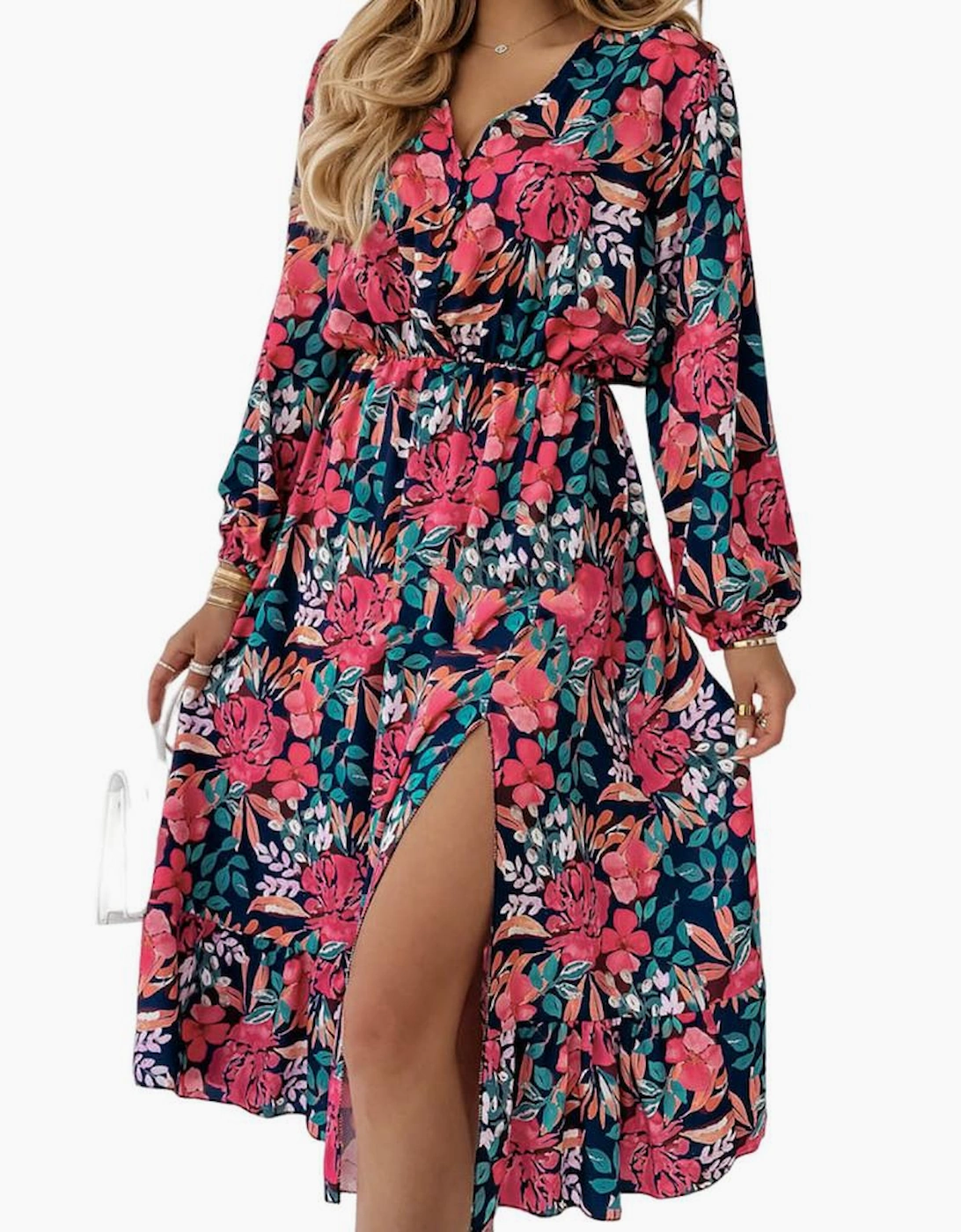 Red V Neck Elastic High Waist Split Floral Dress