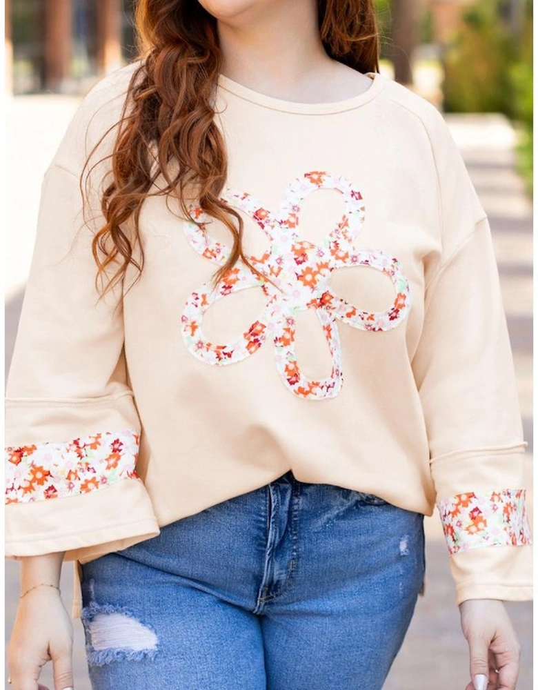Beige Plus Size Flower Patched Side Slits Crewneck Top