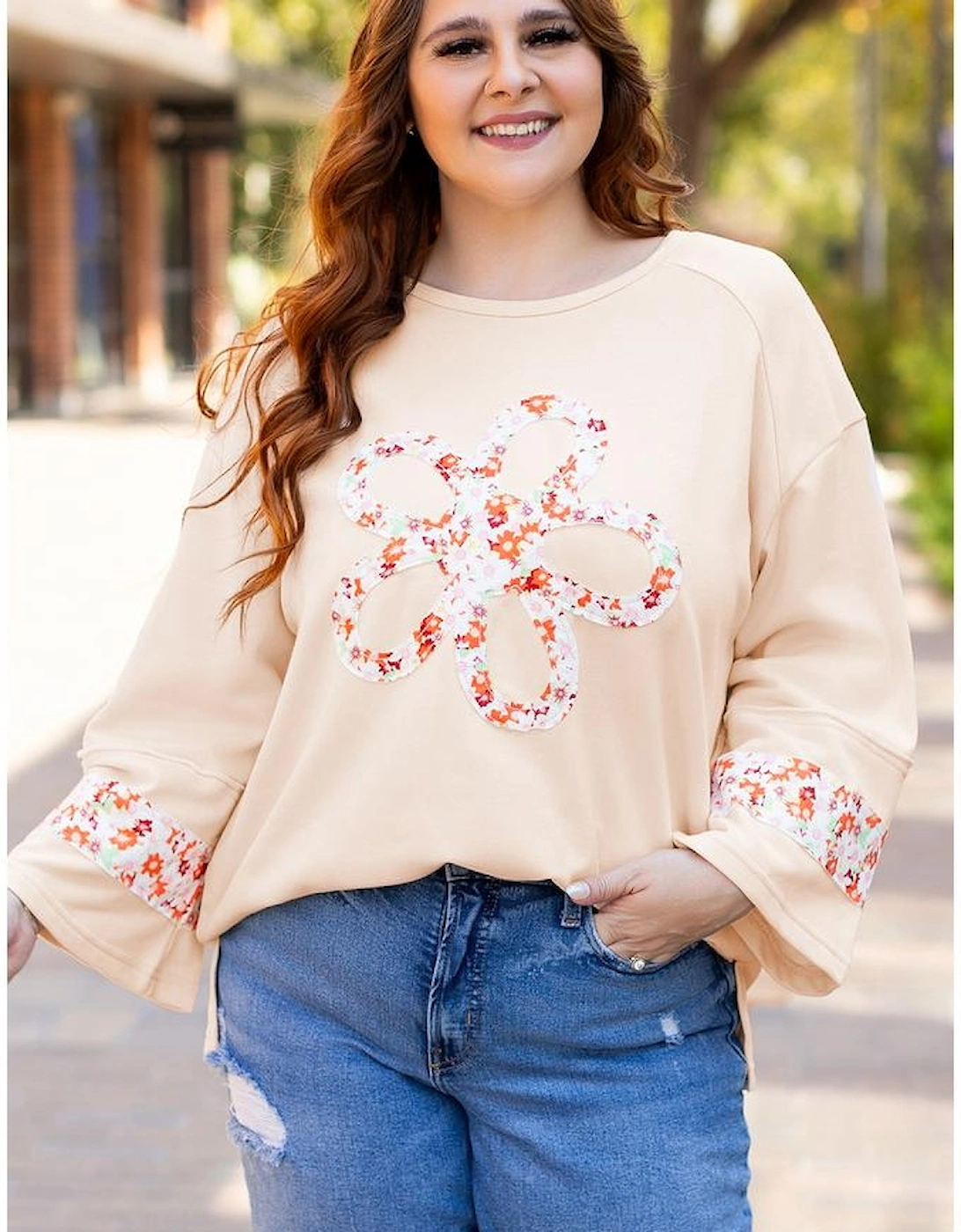 Beige Plus Size Flower Patched Side Slits Crewneck Top