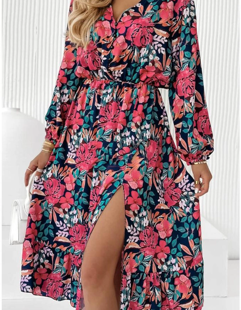 Red V Neck Elastic High Waist Split Floral Dress