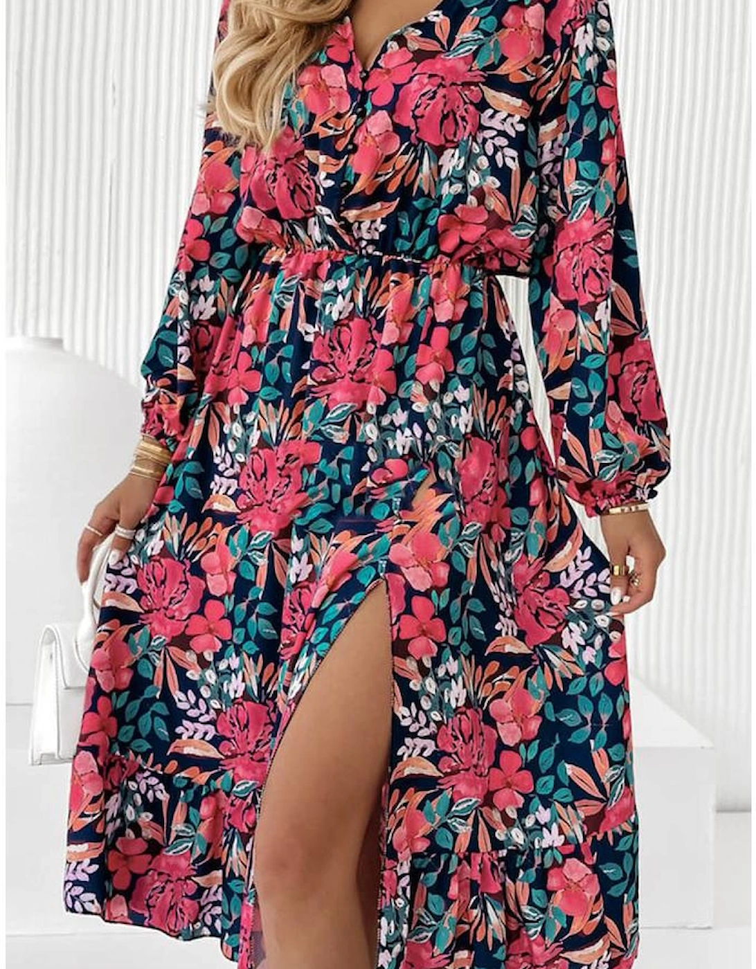 Red V Neck Elastic High Waist Split Floral Dress