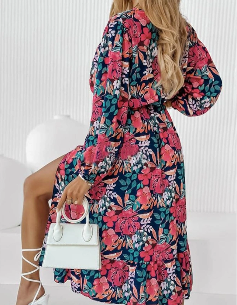 Red V Neck Elastic High Waist Split Floral Dress