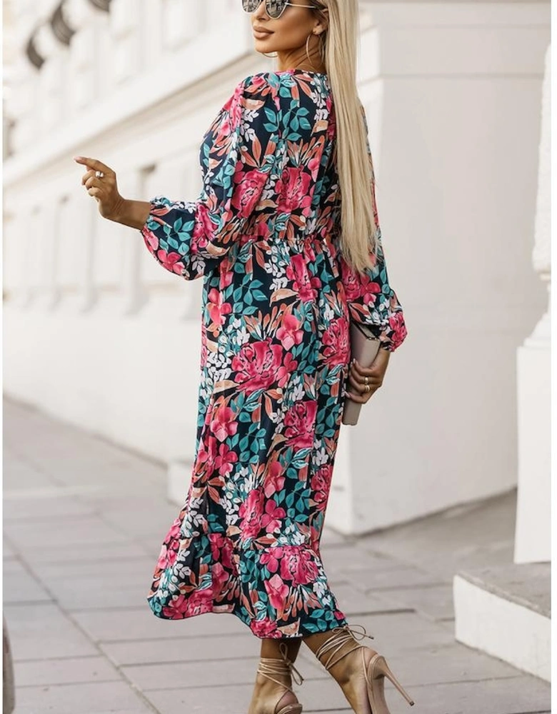 Red V Neck Elastic High Waist Split Floral Dress