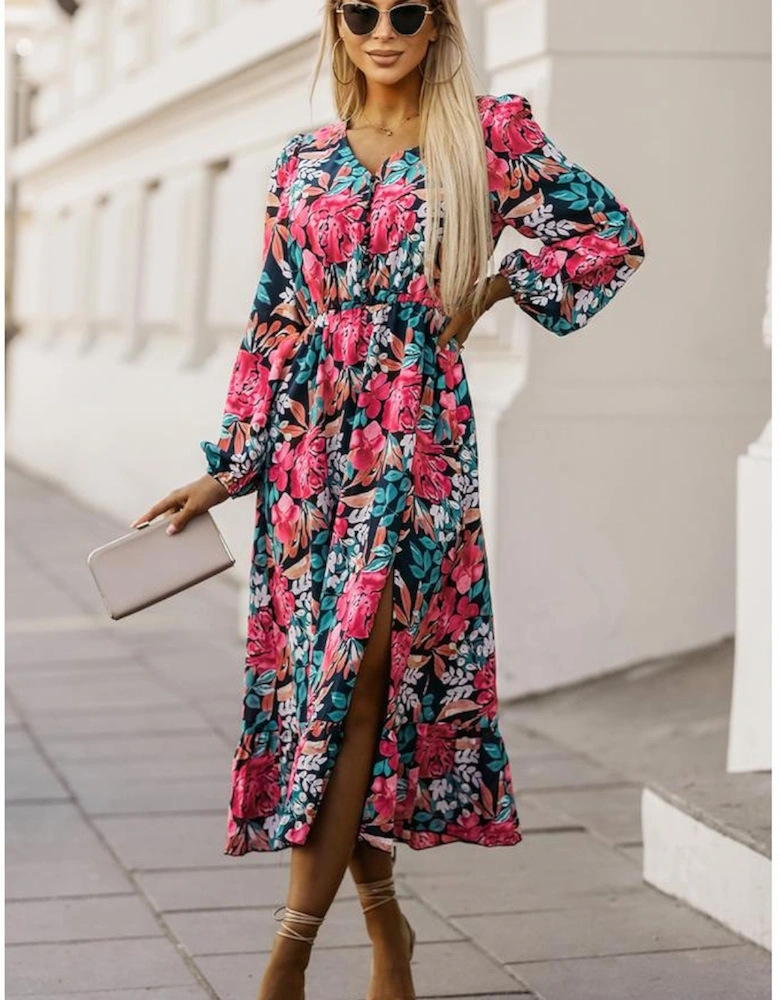 Red V Neck Elastic High Waist Split Floral Dress