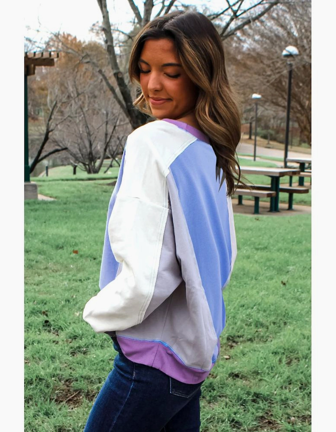 Blue Exposed Seam Colorblock Patchwork Ribbed Trim Pullover Sweatshirt, 12 of 11