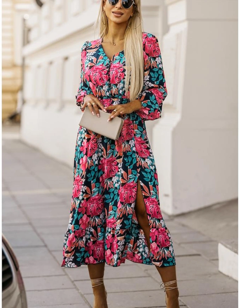 Red V Neck Elastic High Waist Split Floral Dress