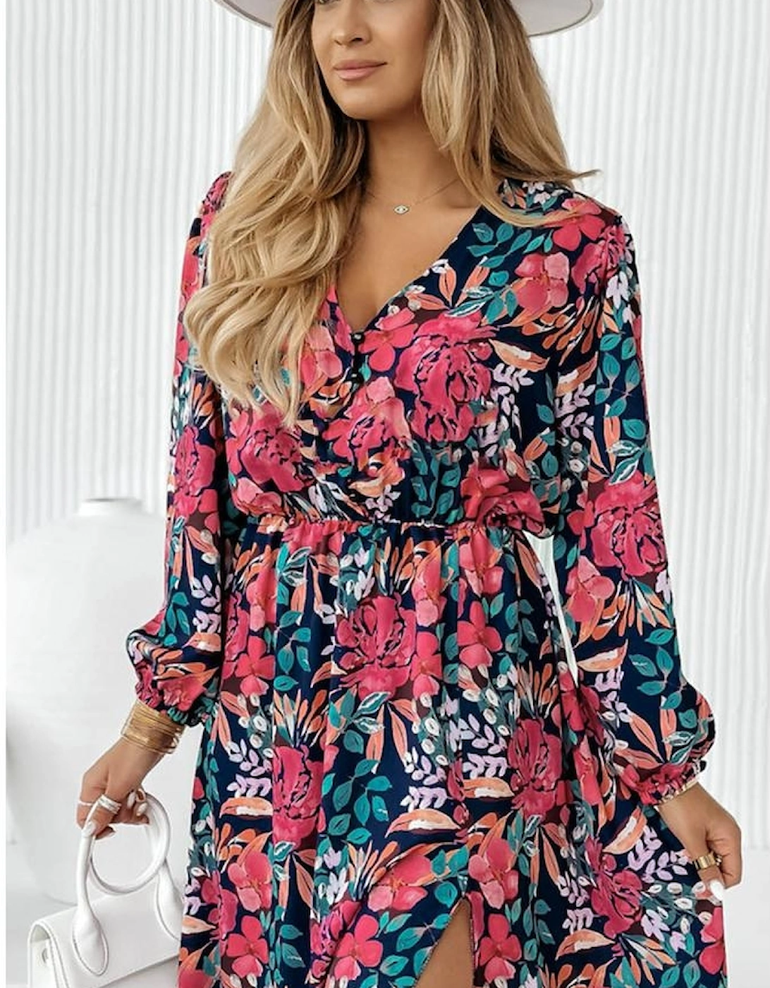 Red V Neck Elastic High Waist Split Floral Dress