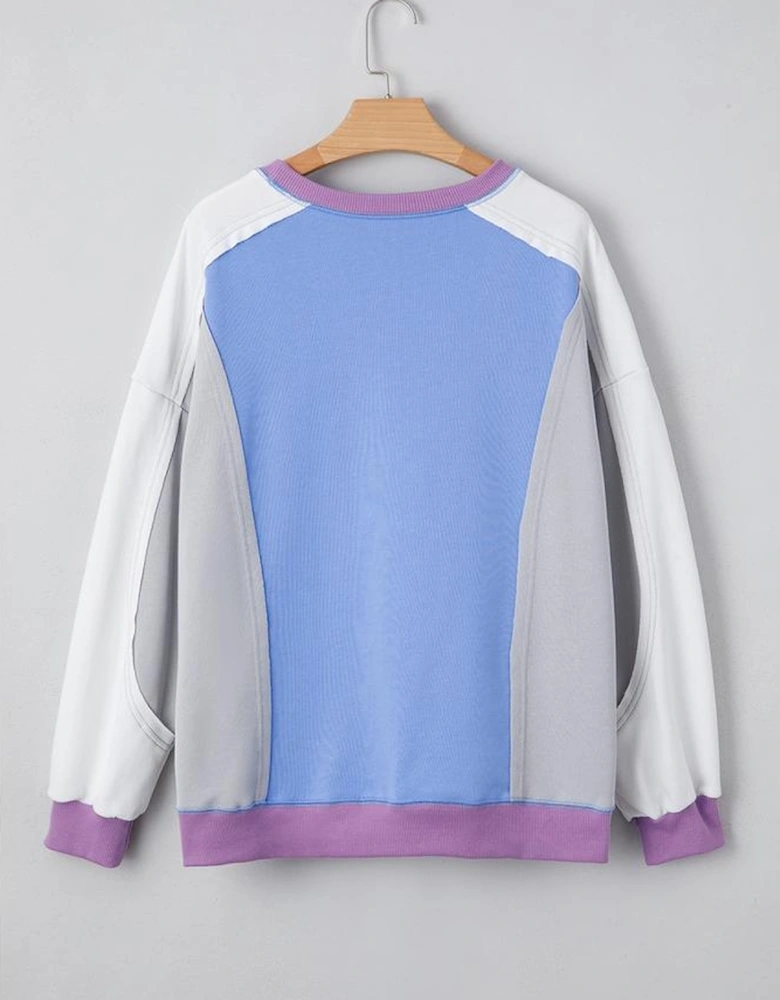 Blue Exposed Seam Colorblock Patchwork Ribbed Trim Pullover Sweatshirt