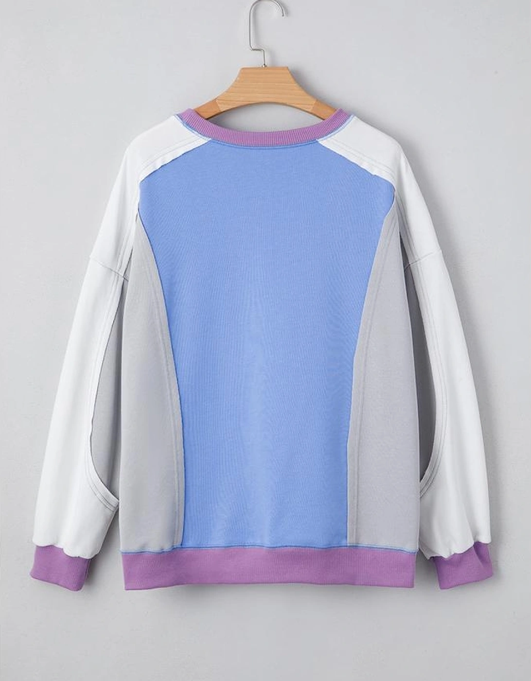 Blue Exposed Seam Colorblock Patchwork Ribbed Trim Pullover Sweatshirt