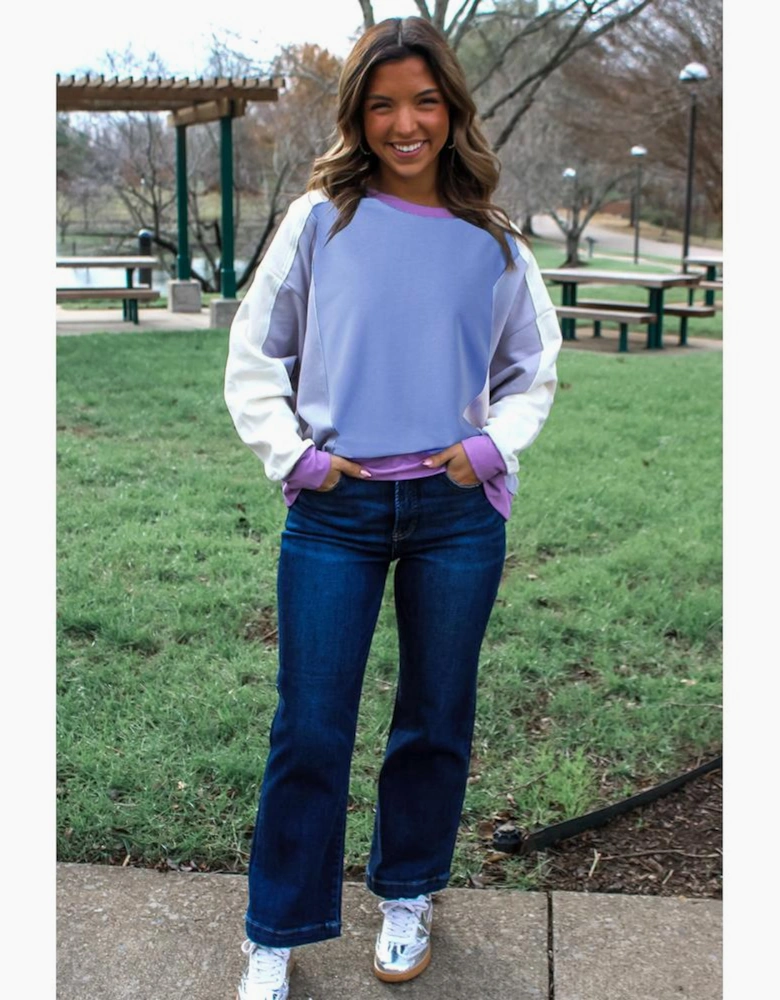 Blue Exposed Seam Colorblock Patchwork Ribbed Trim Pullover Sweatshirt