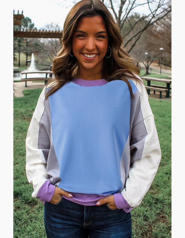 Blue Exposed Seam Colorblock Patchwork Ribbed Trim Pullover Sweatshirt