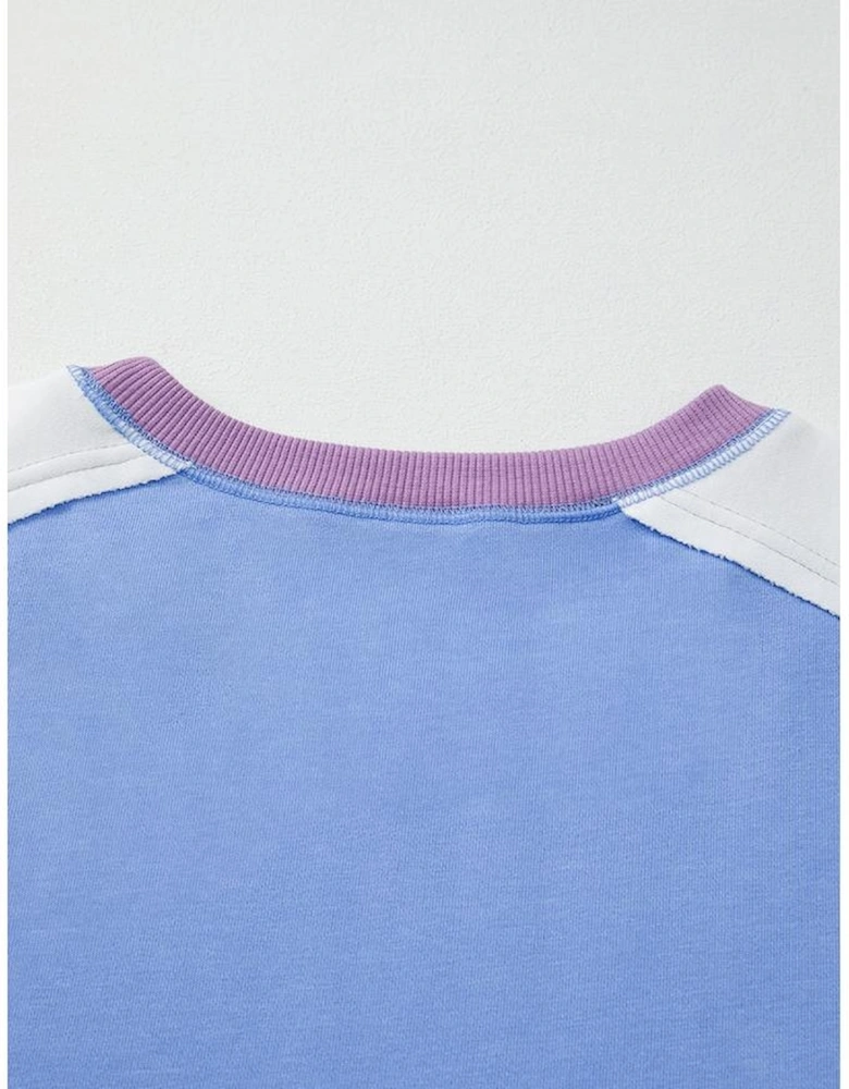 Blue Exposed Seam Colorblock Patchwork Ribbed Trim Pullover Sweatshirt