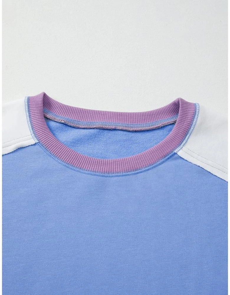 Blue Exposed Seam Colorblock Patchwork Ribbed Trim Pullover Sweatshirt
