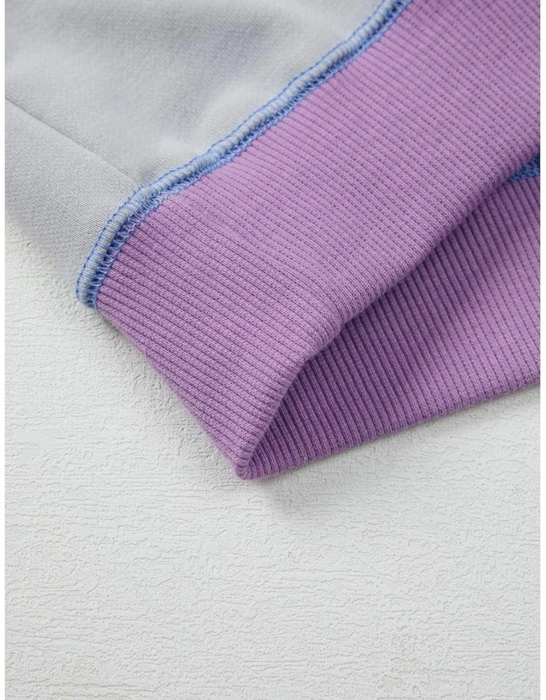 Blue Exposed Seam Colorblock Patchwork Ribbed Trim Pullover Sweatshirt