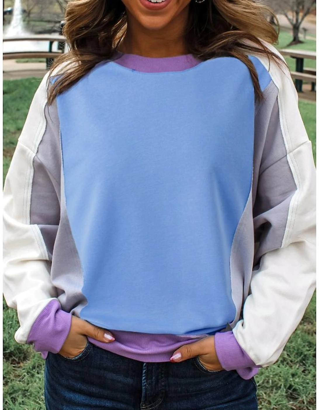 Blue Exposed Seam Colorblock Patchwork Ribbed Trim Pullover Sweatshirt