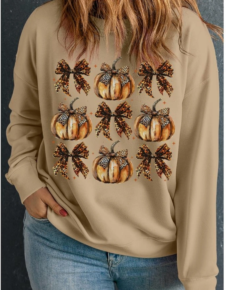 Apricot Halloween Leopard Pumpkin Bow Knot Print Plus Size Sweatshirt