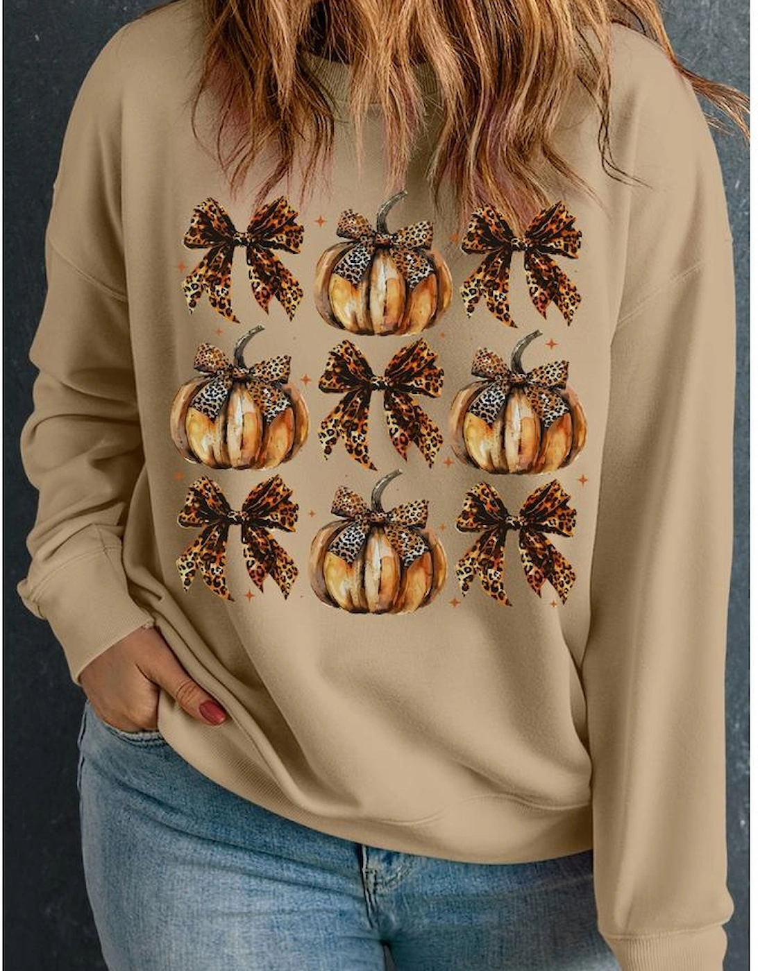 Apricot Halloween Leopard Pumpkin Bow Knot Print Plus Size Sweatshirt
