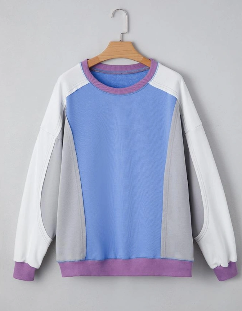 Blue Exposed Seam Colorblock Patchwork Ribbed Trim Pullover Sweatshirt