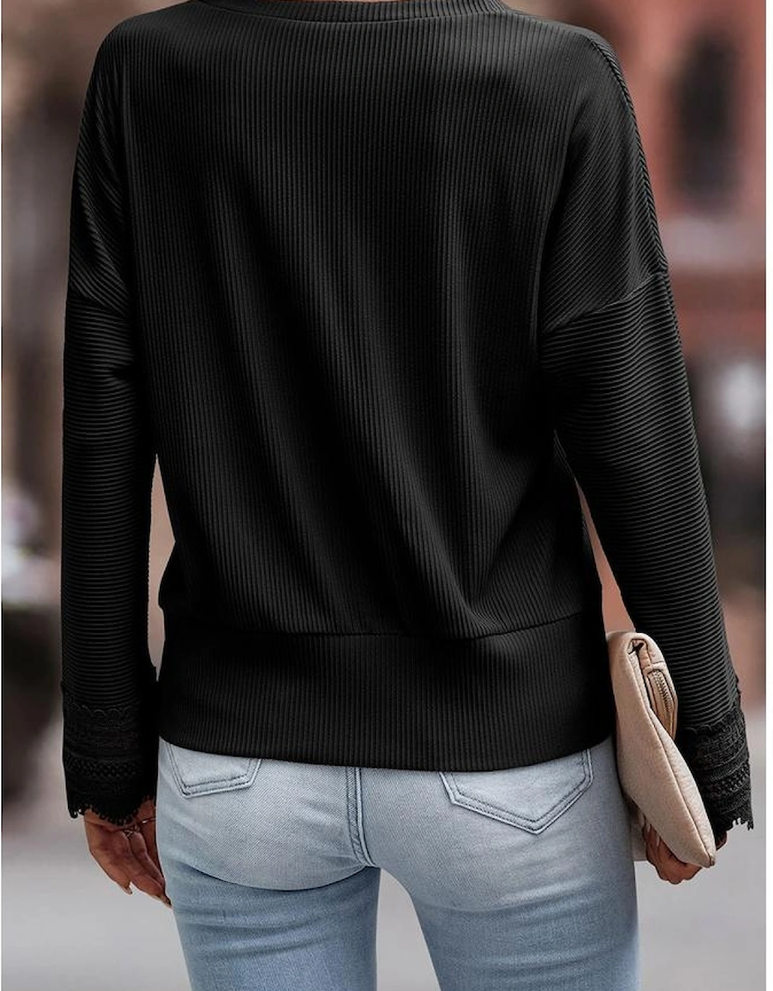 Black Ribbed Texture Lace Trim V Neck Long Sleeve Top