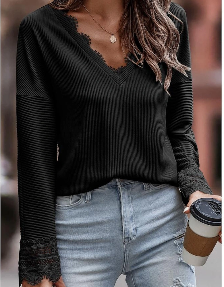 Black Ribbed Texture Lace Trim V Neck Long Sleeve Top