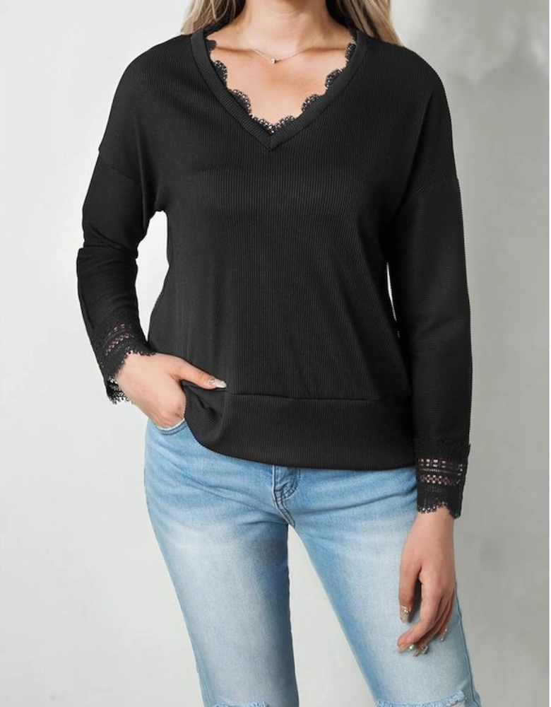 Black Ribbed Texture Lace Trim V Neck Long Sleeve Top