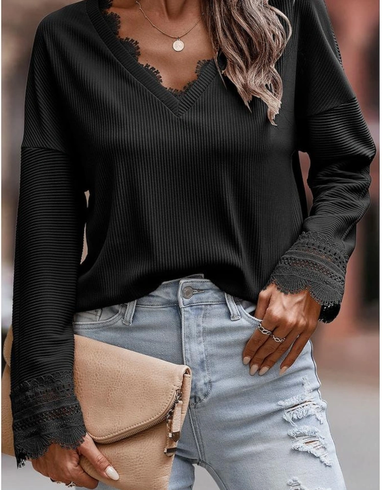 Black Ribbed Texture Lace Trim V Neck Long Sleeve Top