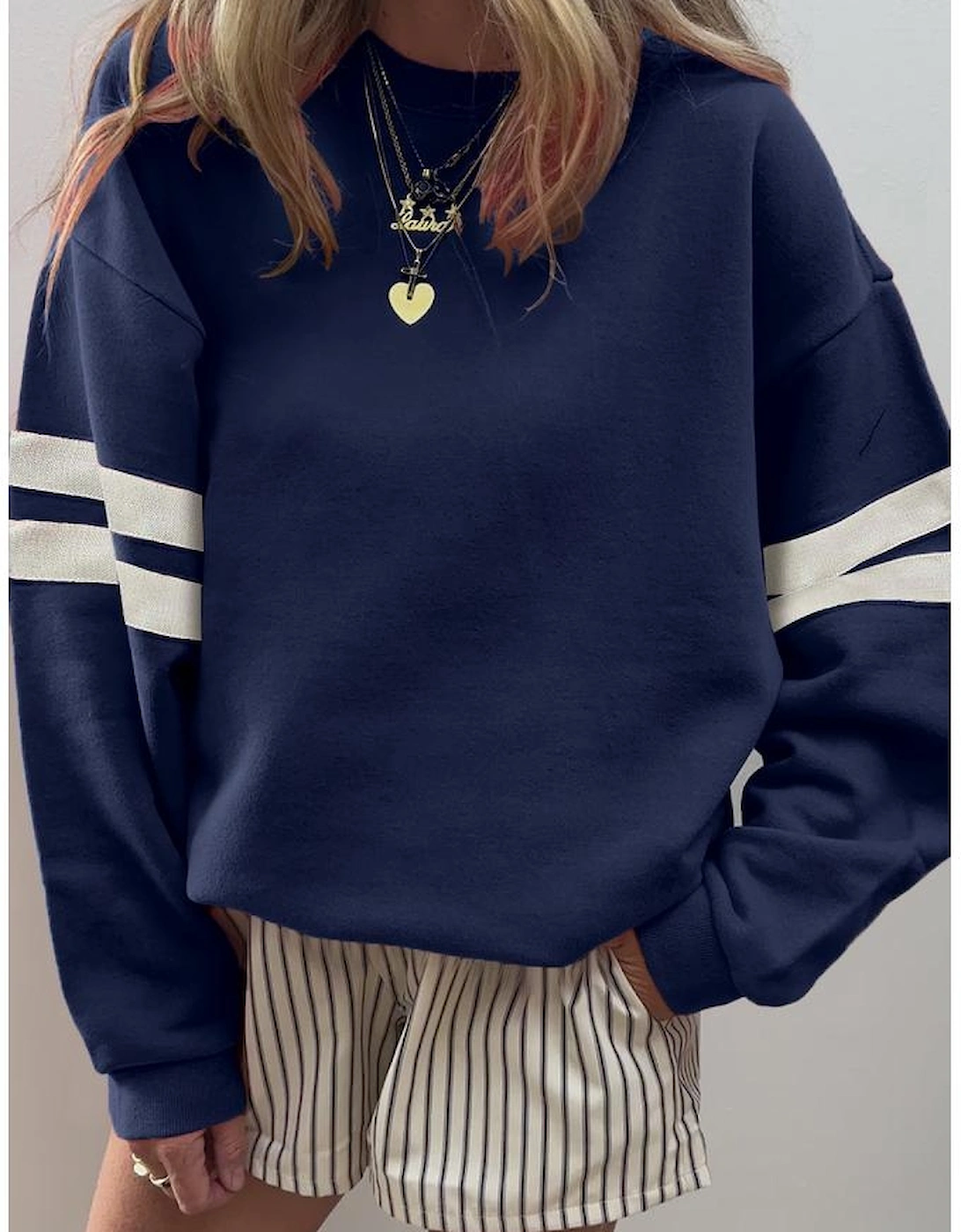 Navy Blue Varsity Striped Detail Drop Shoulder Oversized Sweatshirt