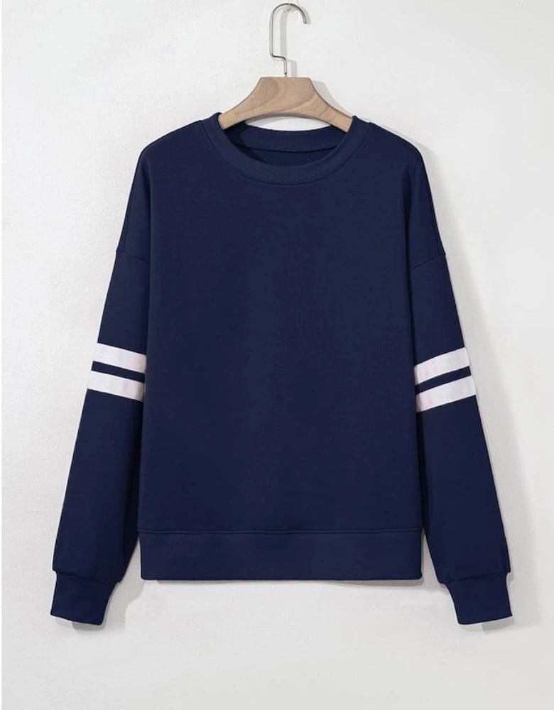 Navy Blue Varsity Striped Detail Drop Shoulder Oversized Sweatshirt