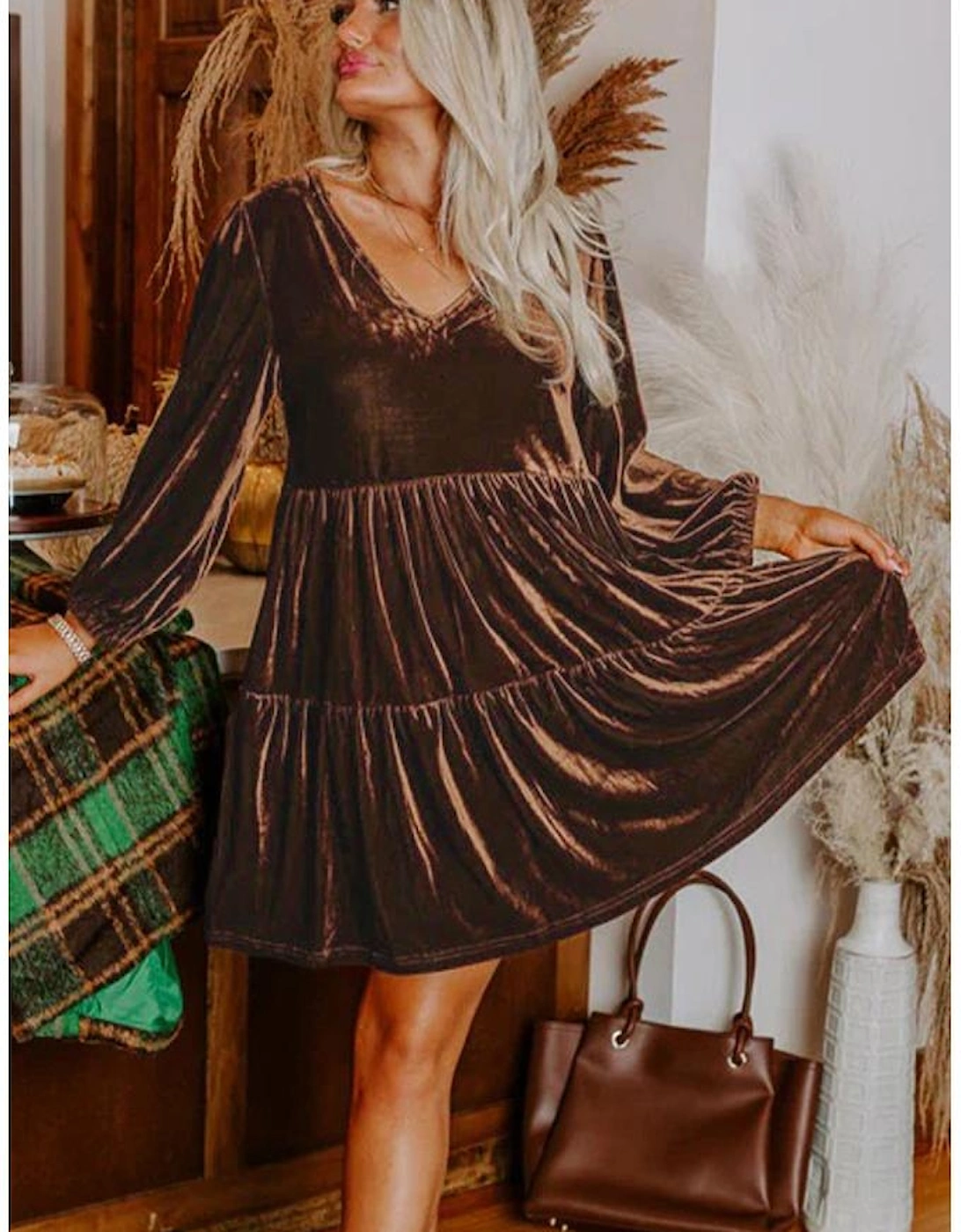Chicory Coffee Solid Color Velvet V Neck Long Sleeve Tiered Mini Dress
