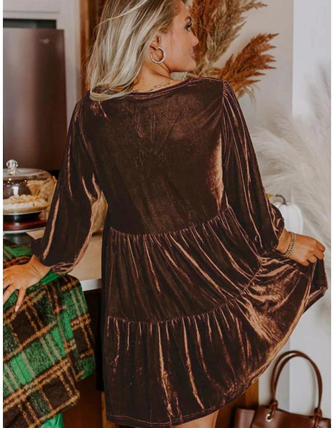 Chicory Coffee Solid Color Velvet V Neck Long Sleeve Tiered Mini Dress, 7 of 6