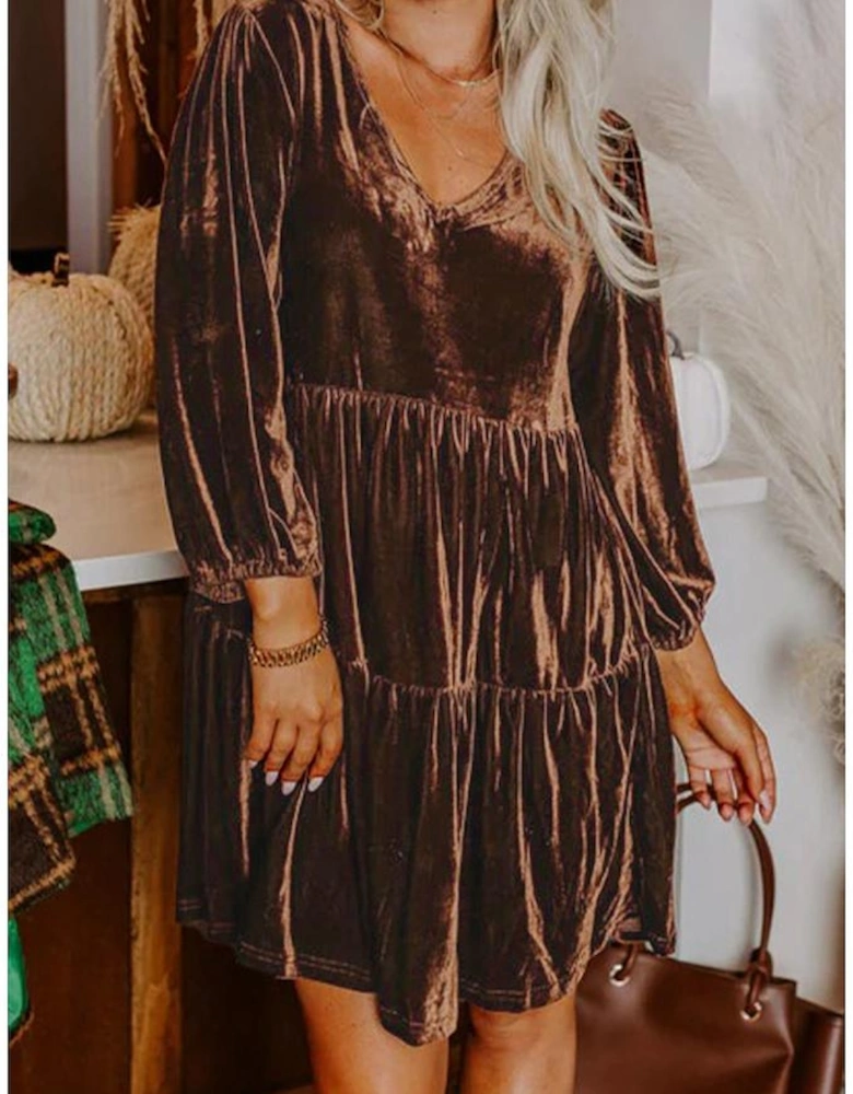 Chicory Coffee Solid Color Velvet V Neck Long Sleeve Tiered Mini Dress