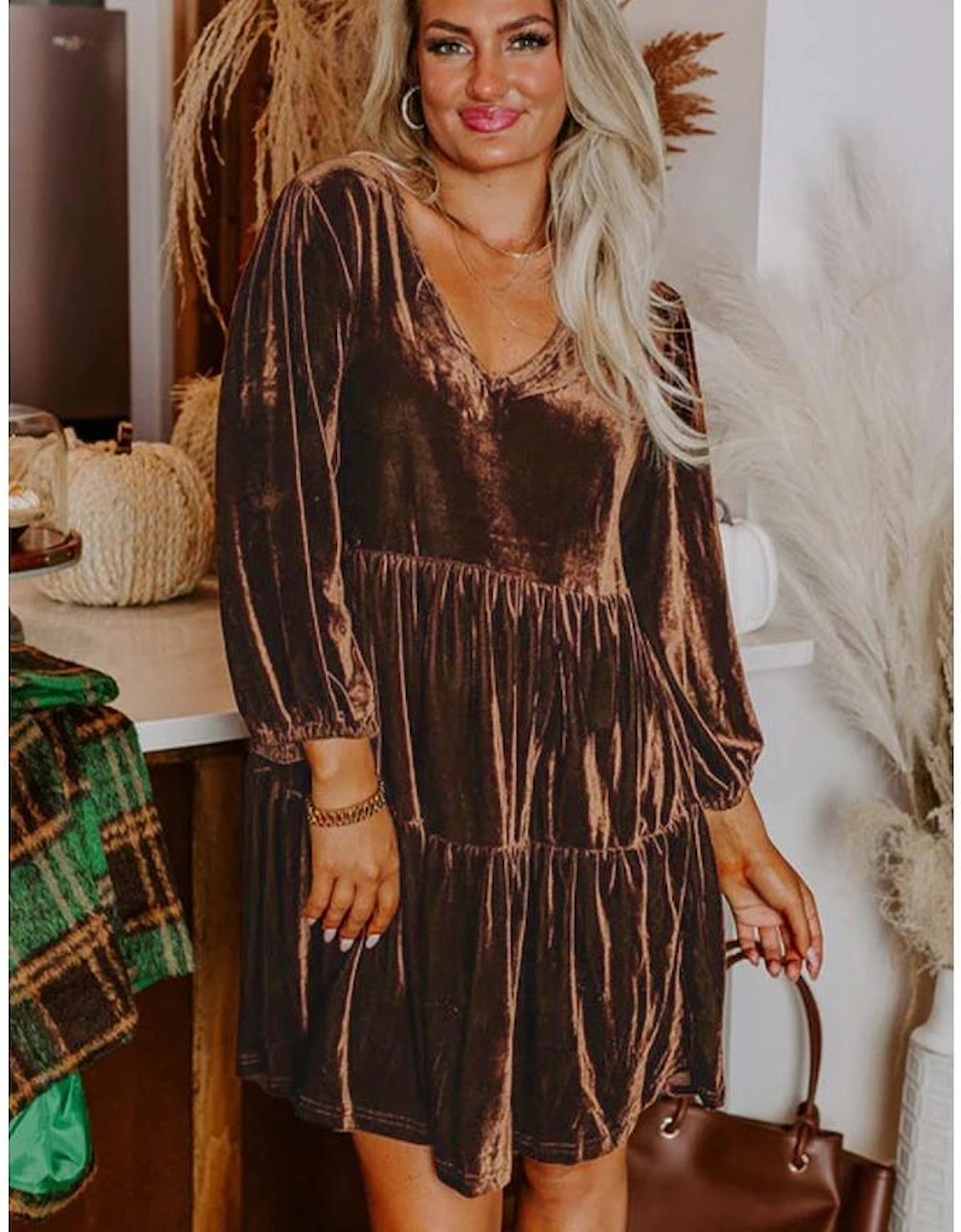 Chicory Coffee Solid Color Velvet V Neck Long Sleeve Tiered Mini Dress
