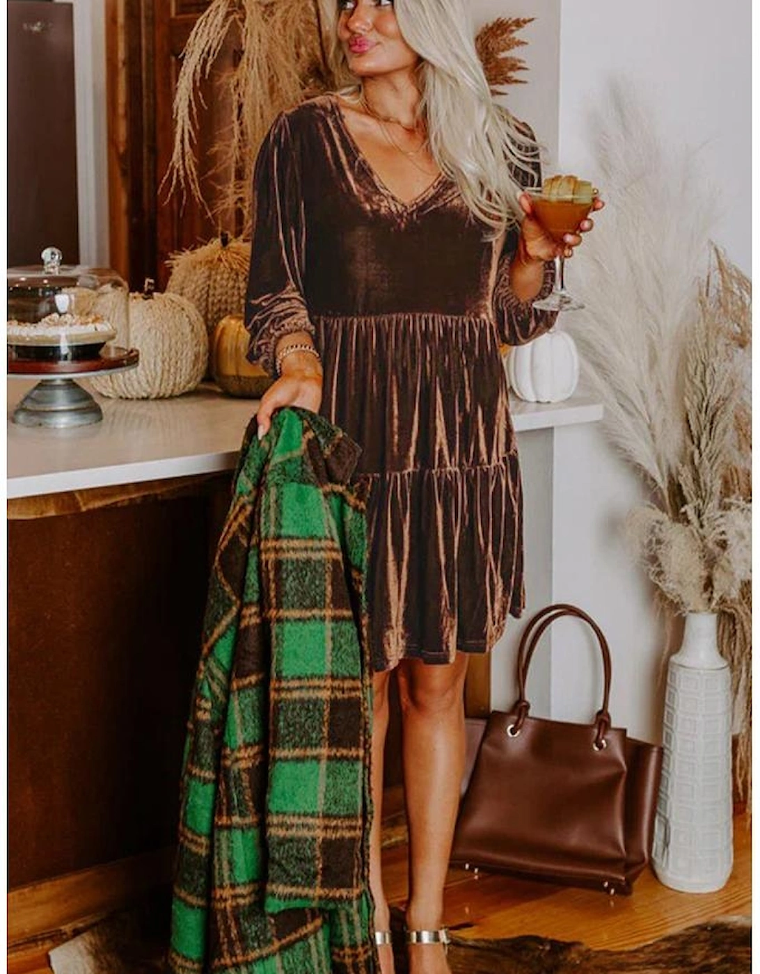 Chicory Coffee Solid Color Velvet V Neck Long Sleeve Tiered Mini Dress