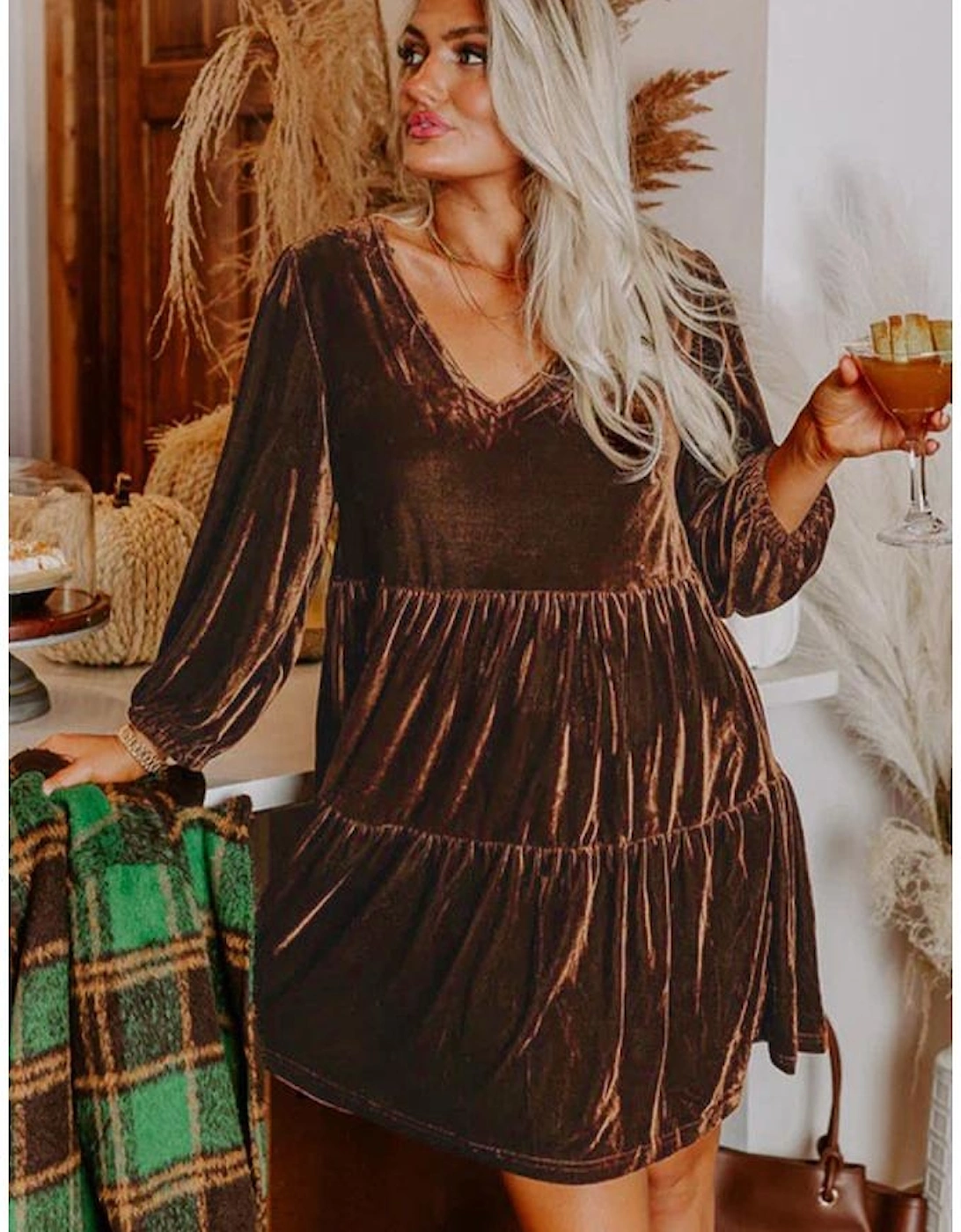 Chicory Coffee Solid Color Velvet V Neck Long Sleeve Tiered Mini Dress