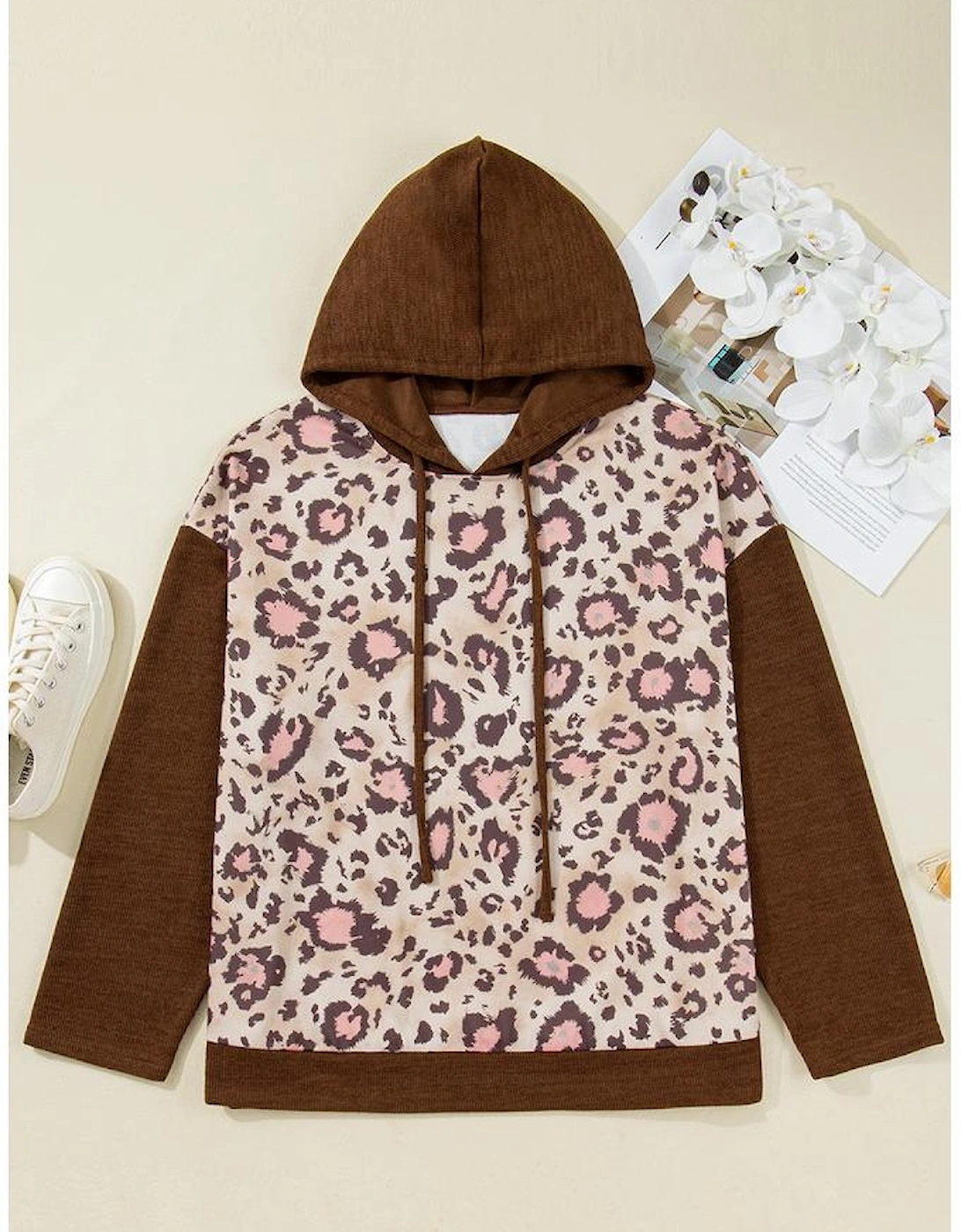 Brown Leopard Print Knit Patchwork Plus Hoodie