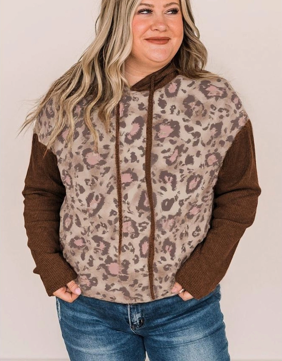 Brown Leopard Print Knit Patchwork Plus Hoodie