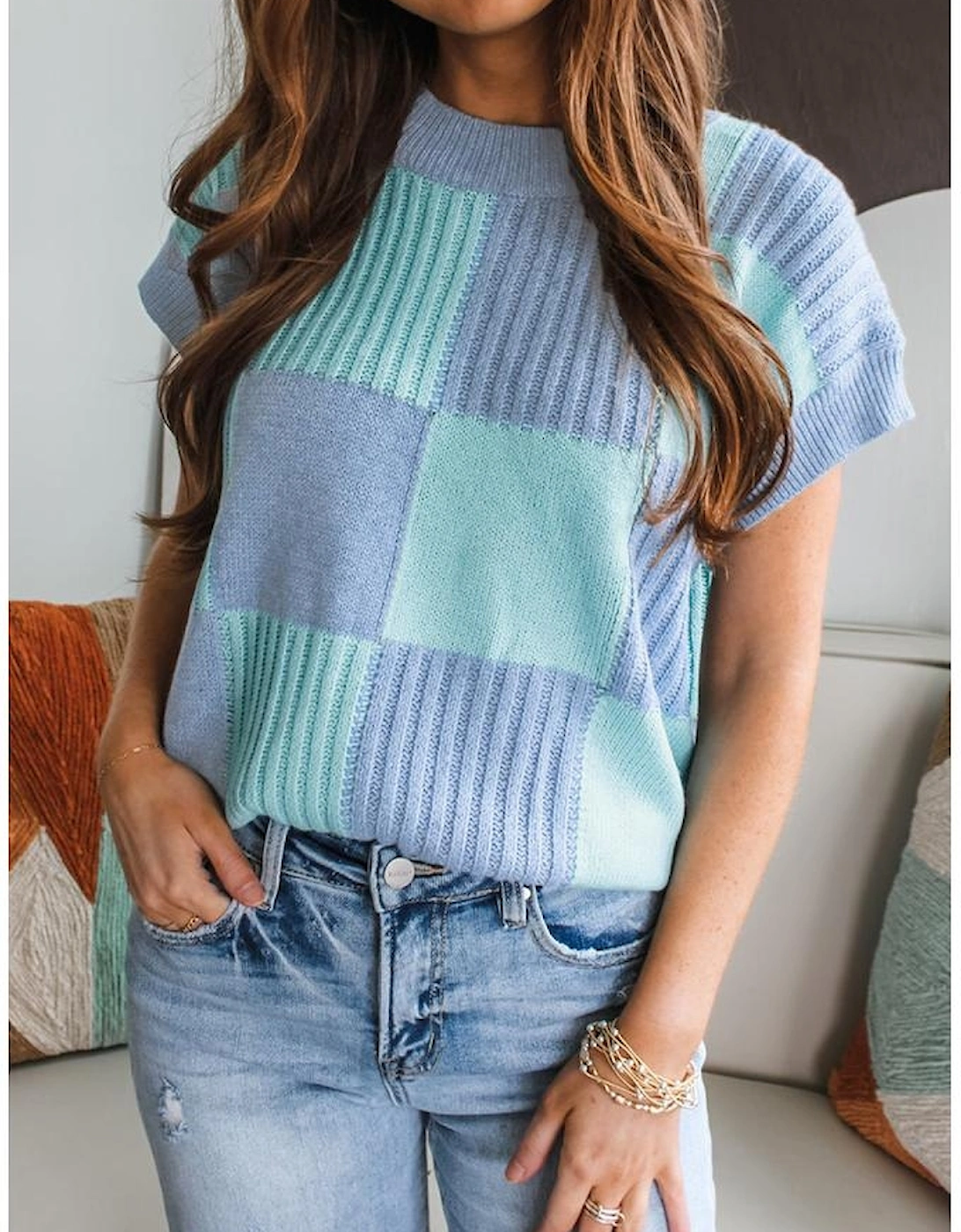 Light Blue Checkered Color Block Crew Neck Short Sleeve Sweater