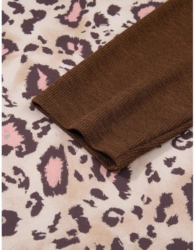 Brown Leopard Print Knit Patchwork Plus Hoodie