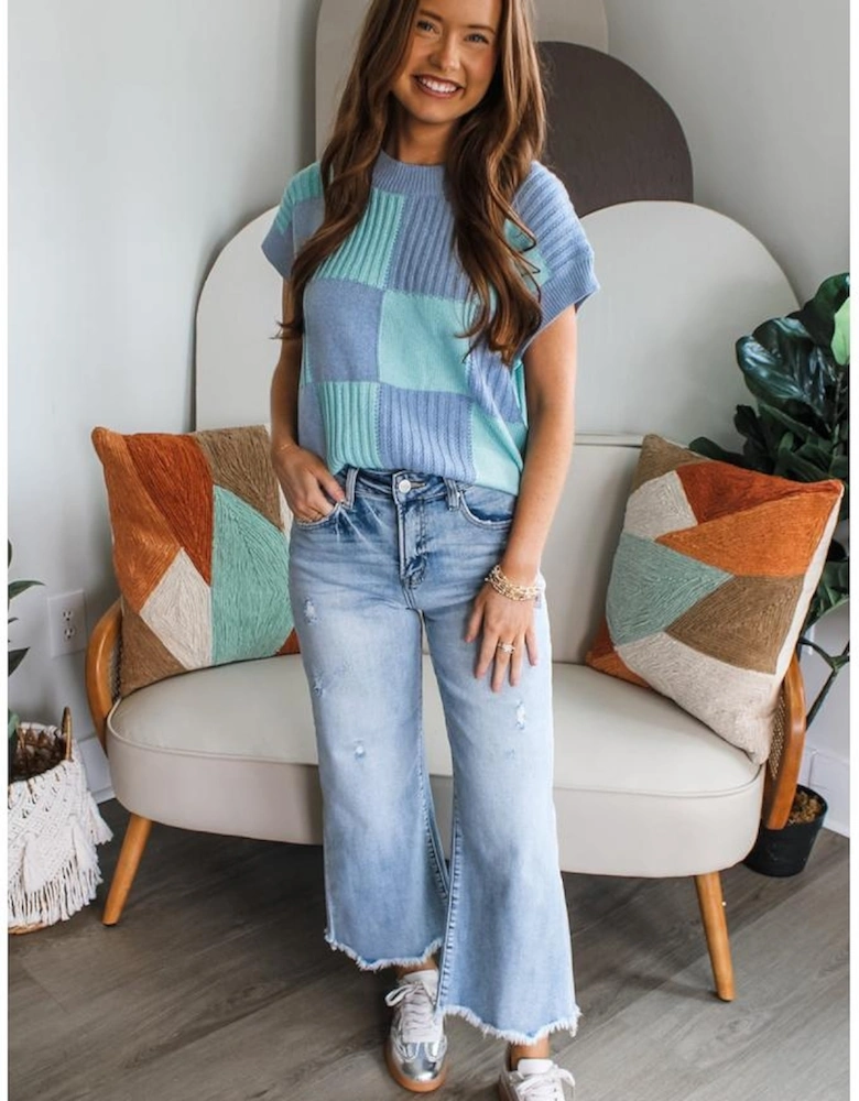 Light Blue Checkered Color Block Crew Neck Short Sleeve Sweater