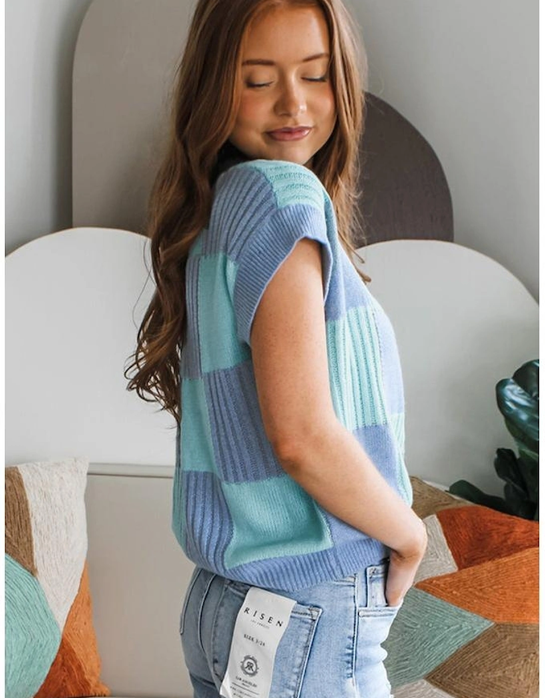 Light Blue Checkered Color Block Crew Neck Short Sleeve Sweater