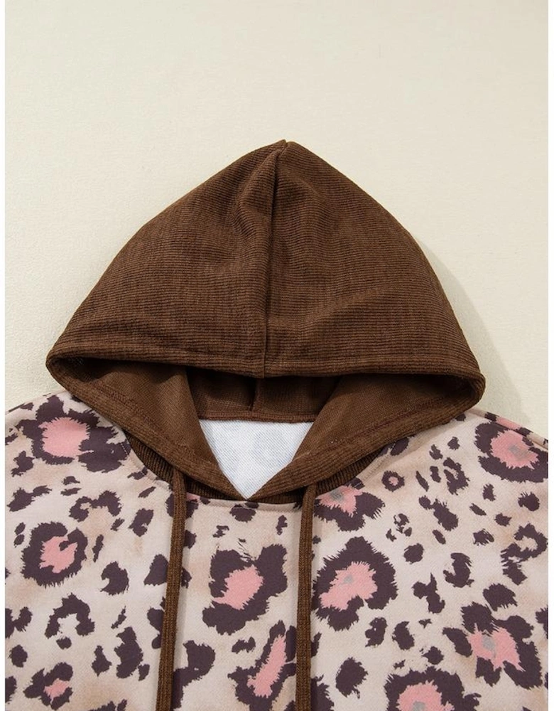 Brown Leopard Print Knit Patchwork Plus Hoodie