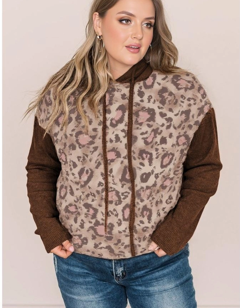 Brown Leopard Print Knit Patchwork Plus Hoodie