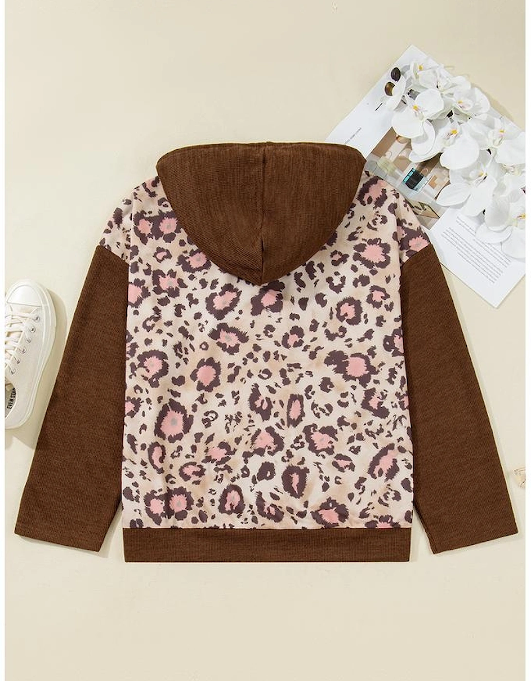 Brown Leopard Print Knit Patchwork Plus Hoodie