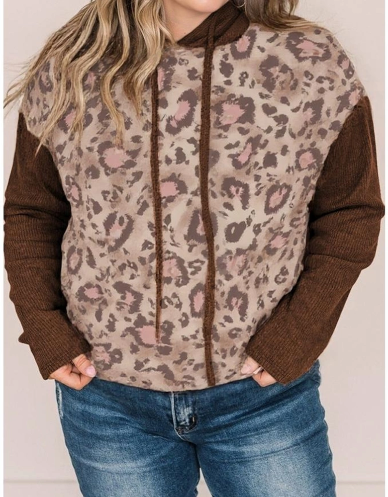 Brown Leopard Print Knit Patchwork Plus Hoodie