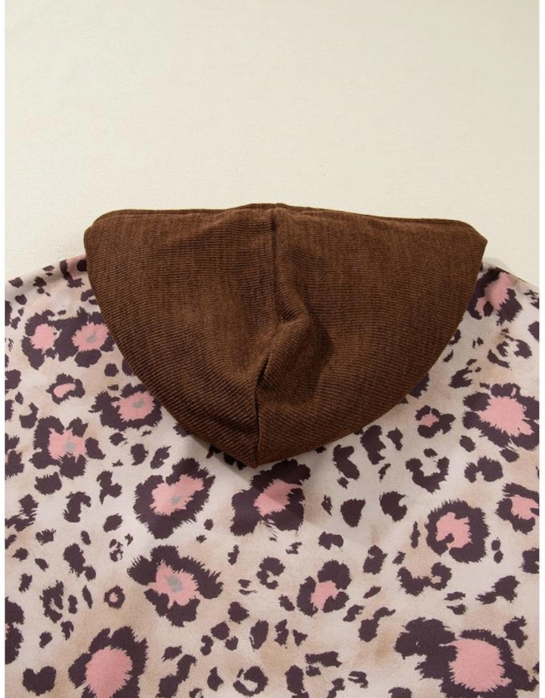 Brown Leopard Print Knit Patchwork Plus Hoodie